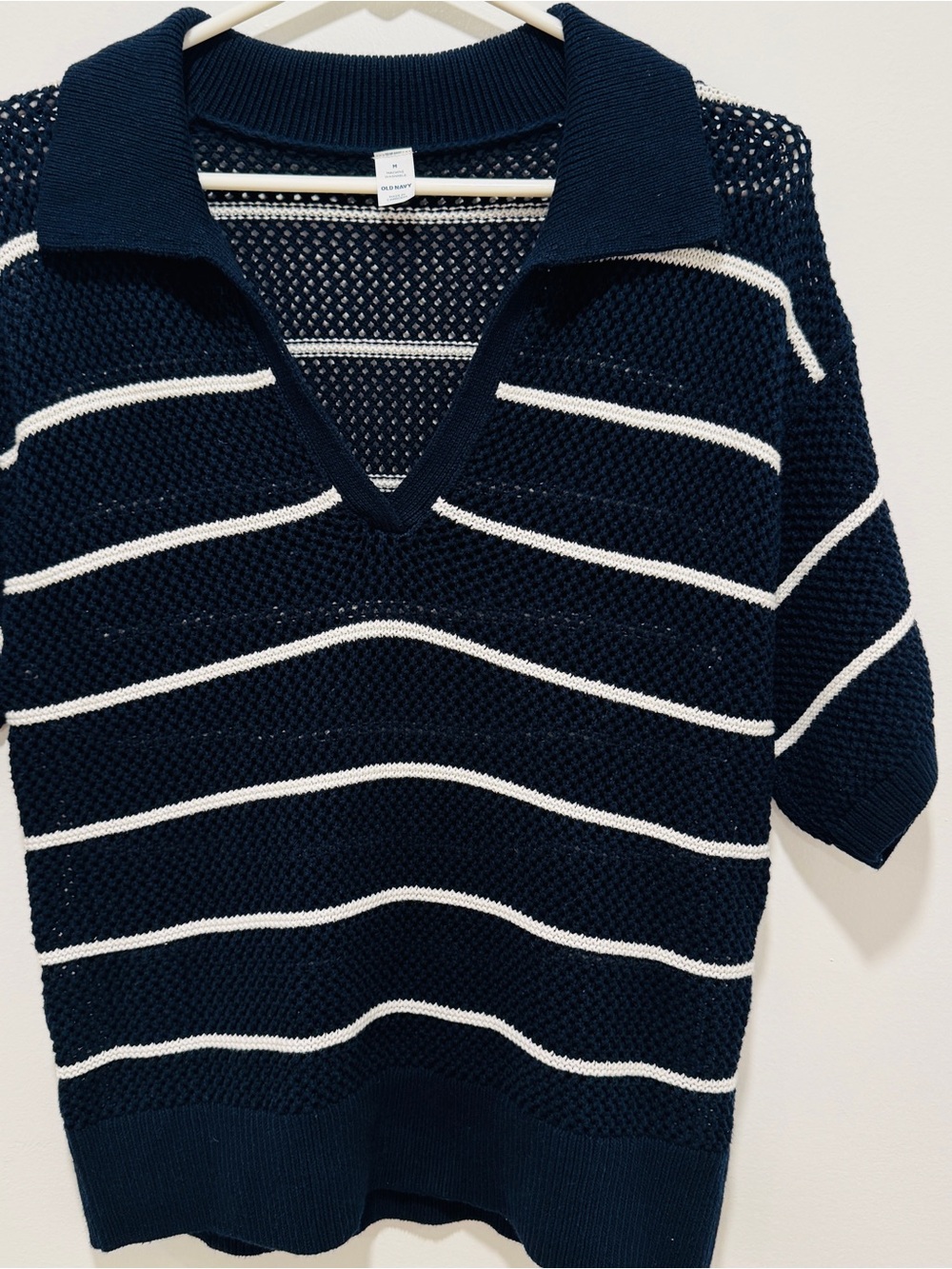Old Navy Navy and White Striped V-Neck Polo Sweater